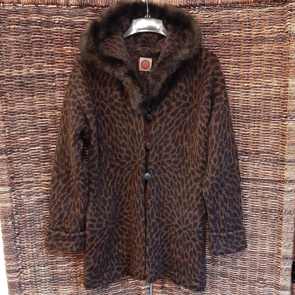 Millma Bolivia Alpaca Cardigan Sweater Faux Fur Mobwife Old Money Small Brown - Picture 2 of 8
